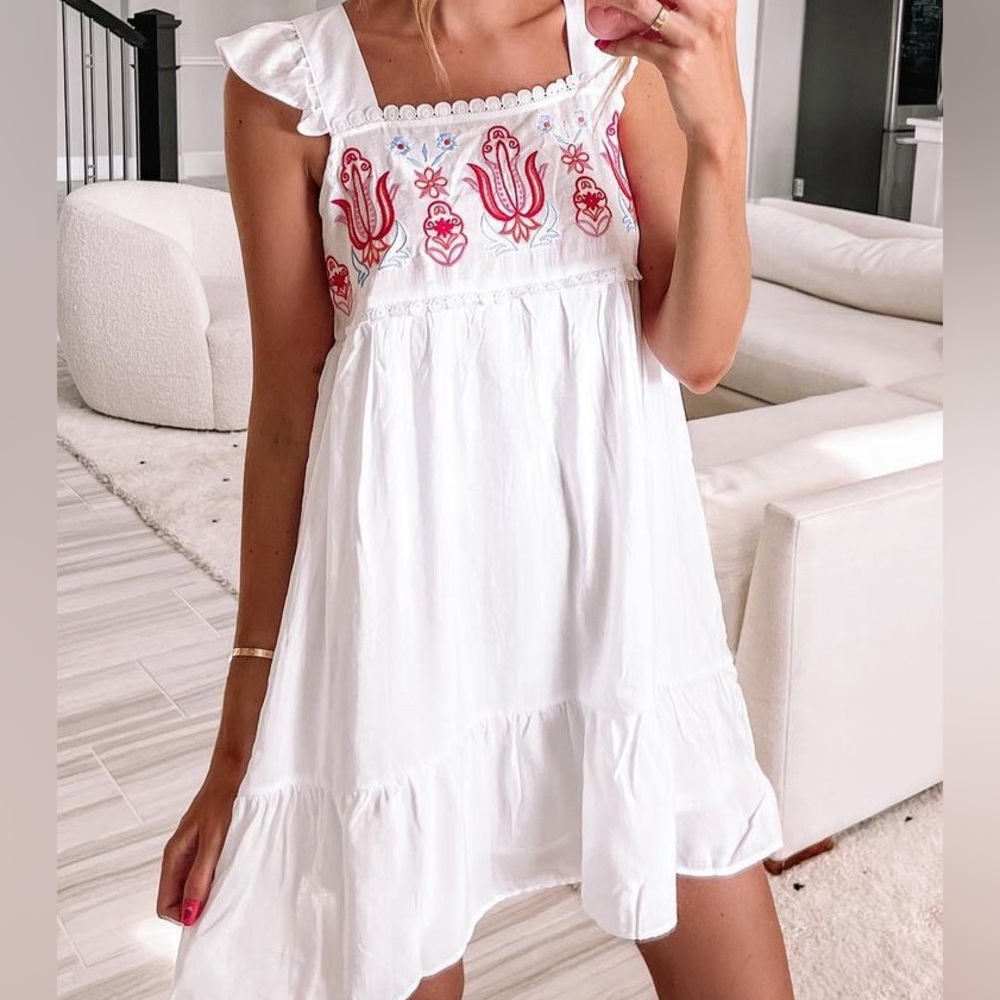 White Embroidered Ruffle Dress